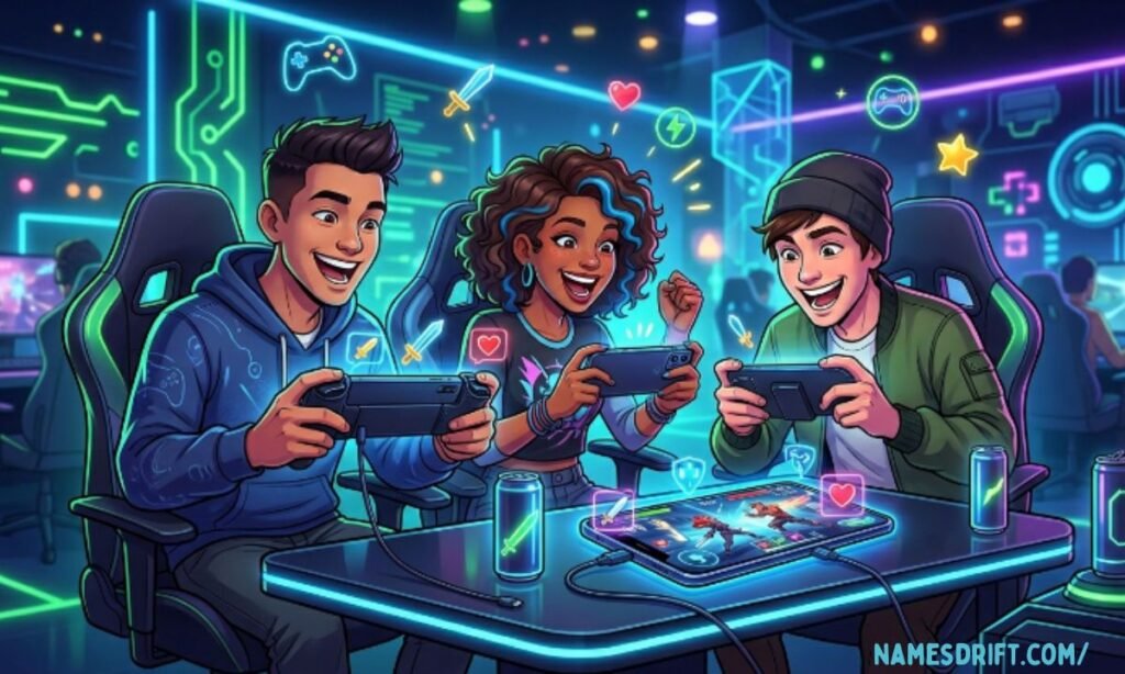  Three gamer friends enjoying multiplayer gaming together