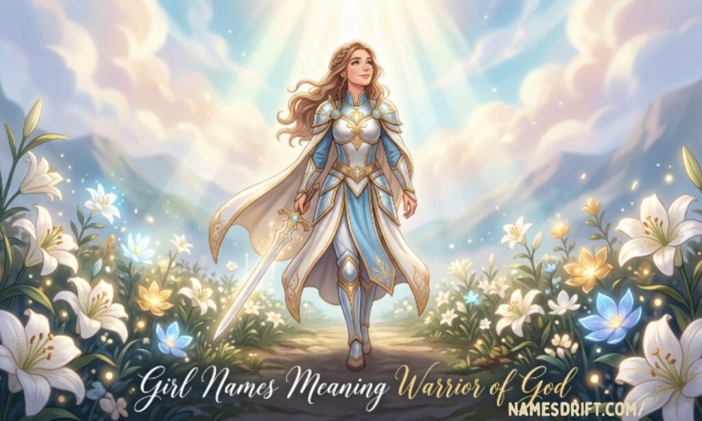 Warrior of God girl names with spiritual female warrior illustration