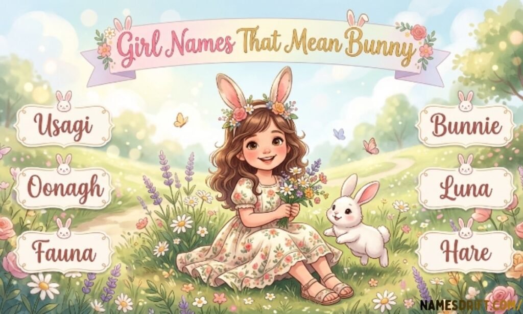 White bunny surrounded by pink flowers representing girl names that mean bunny
