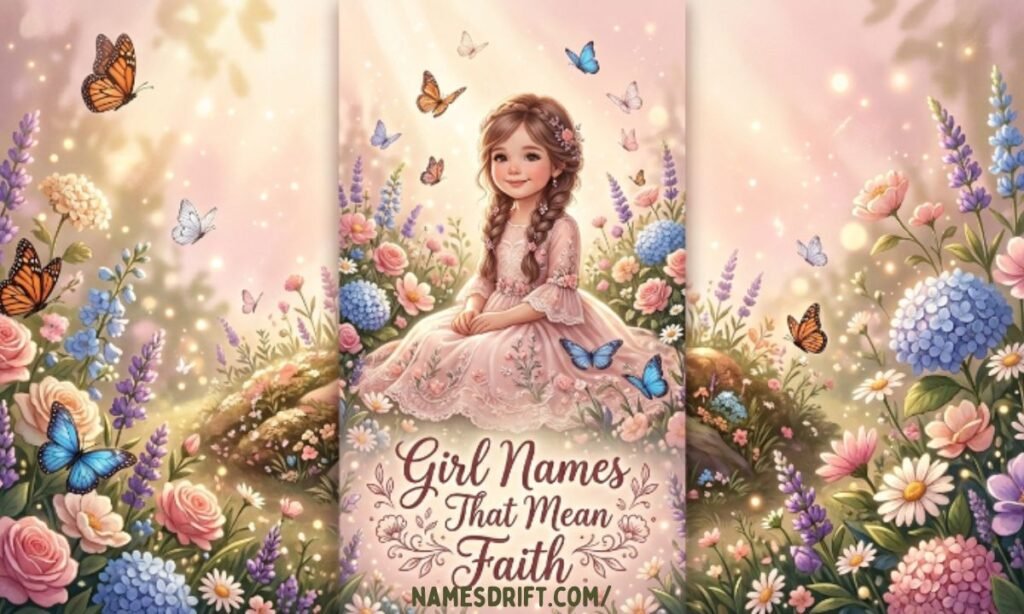  Girl names that mean faith with floral and feminine illustration
