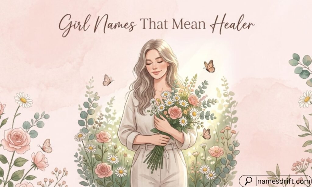  Girl names that mean healer with soft floral illustration.
