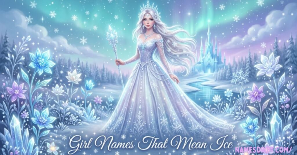 Girl names that mean ice represented by a fantasy winter princess scene