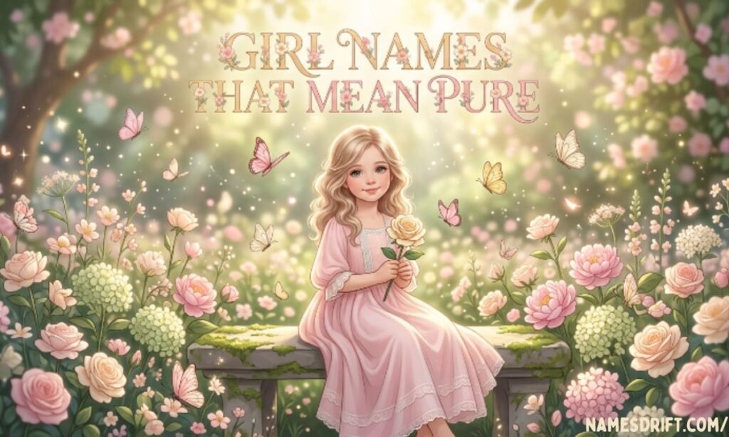 Girl names that mean pure with floral and feminine illustration
