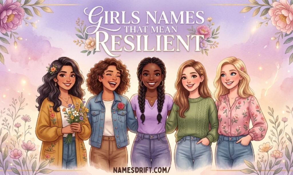 Girls names that mean resilient illustrated with confident female characters
