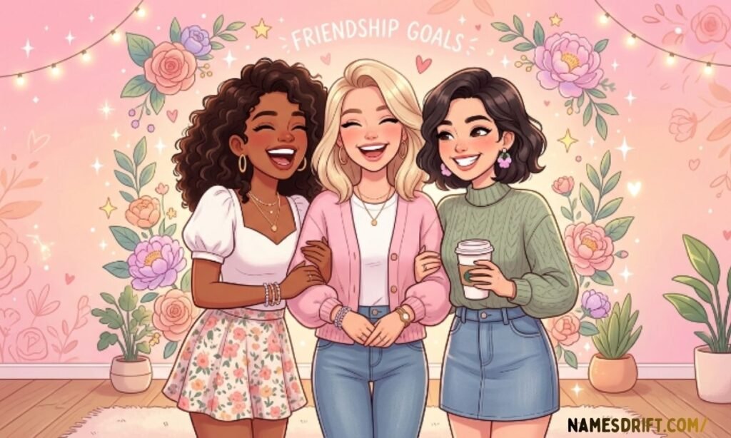  Three best girlfriends smiling together
