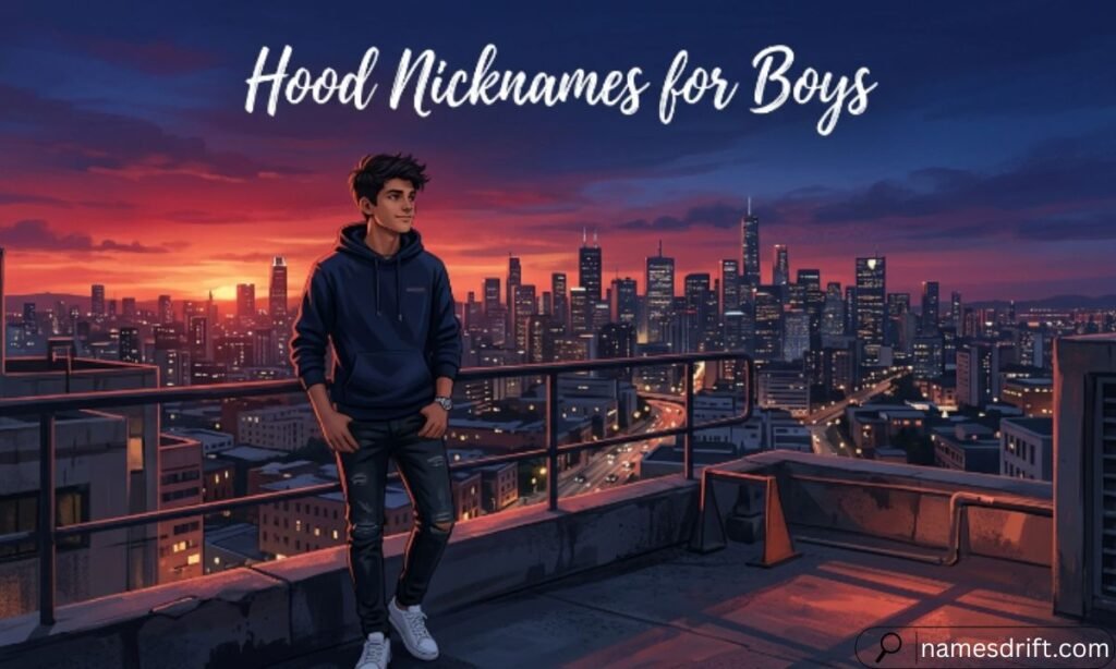 Hood nicknames for boys illustration with urban skyline.