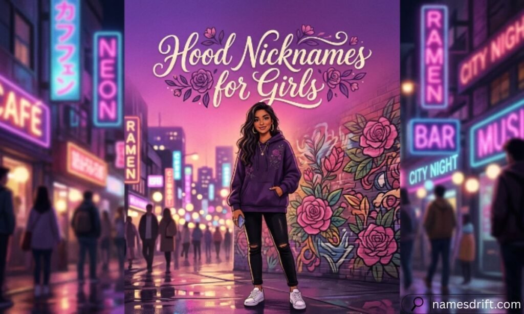 Hood nicknames for girls with stylish hoodie illustration.