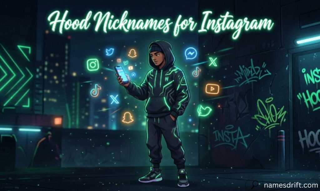 Hood nicknames for Instagram with modern hoodie illustration.