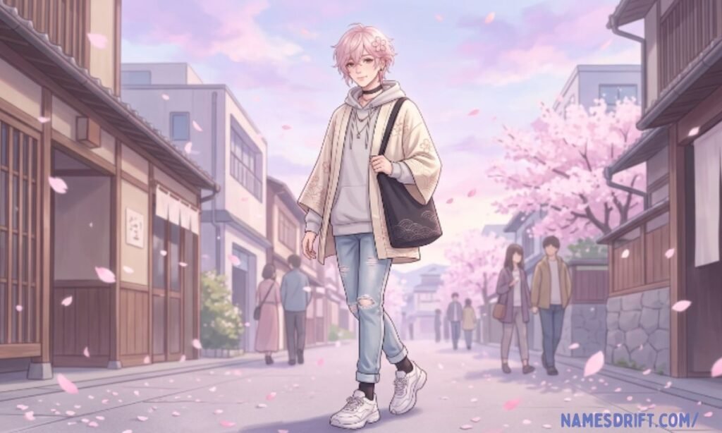  Japanese inspired femboy character with cherry blossoms