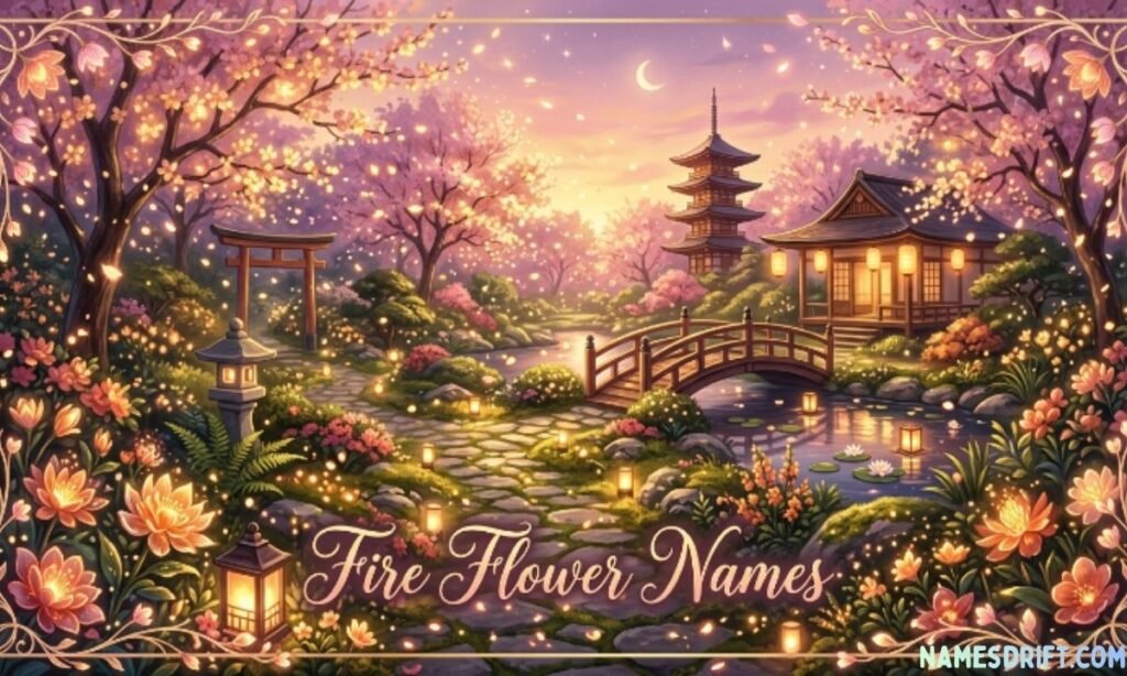 Japanese fire flower names image with glowing floral blossoms

