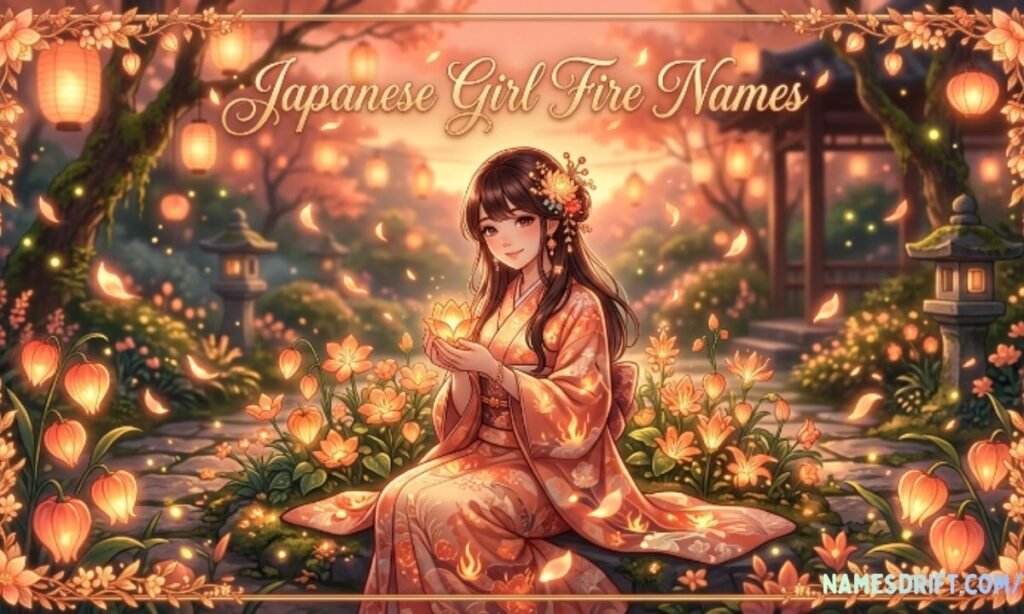 Japanese girl names that mean fire with floral flame-inspired artwork
