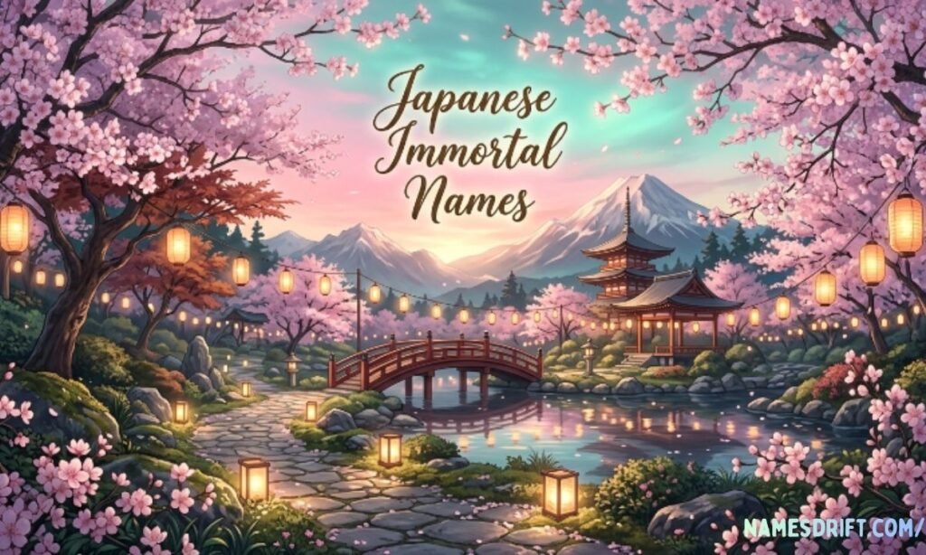 Japanese immortal names image featuring cherry blossoms and lanterns