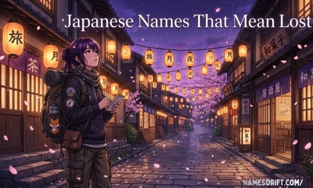 Japanese inspired lost names illustration with lantern-lit street scene