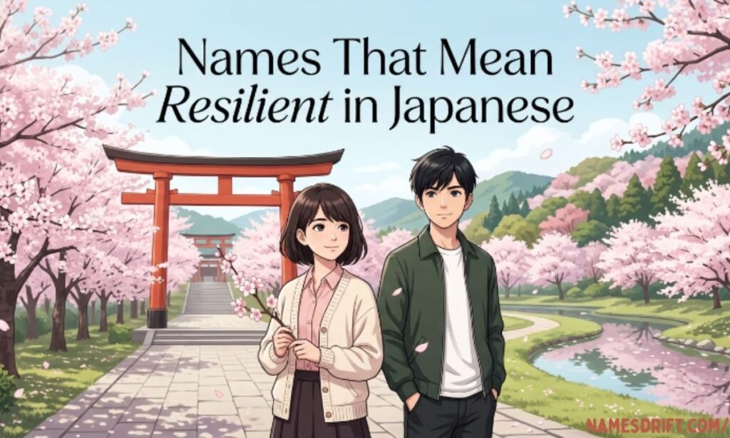 Japanese names that mean resilient with cherry blossom themed illustration
