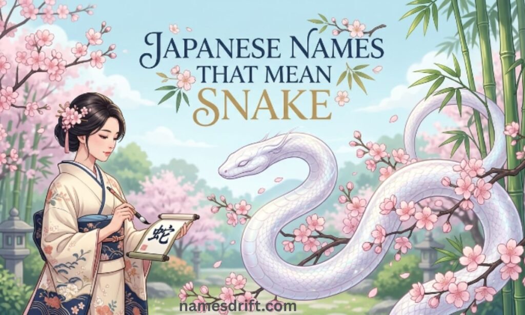 Japanese snake-inspired names with white serpent and cherry blossoms.
