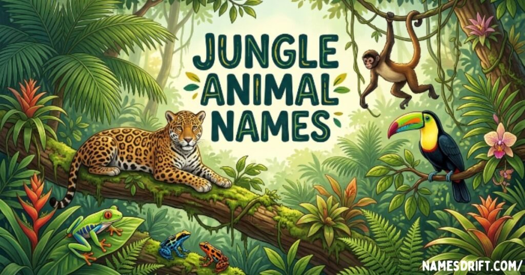 Jungle Animal Names image featuring rainforest animals and tropical wildlife