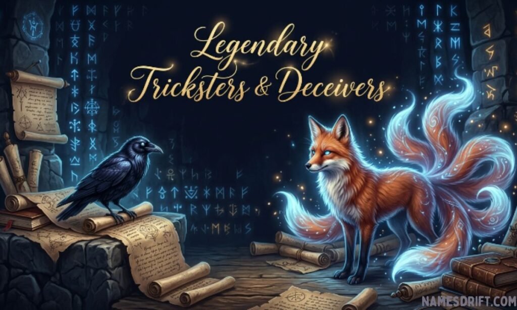 Mythological and legendary trickster-inspired names with fantasy visuals.
