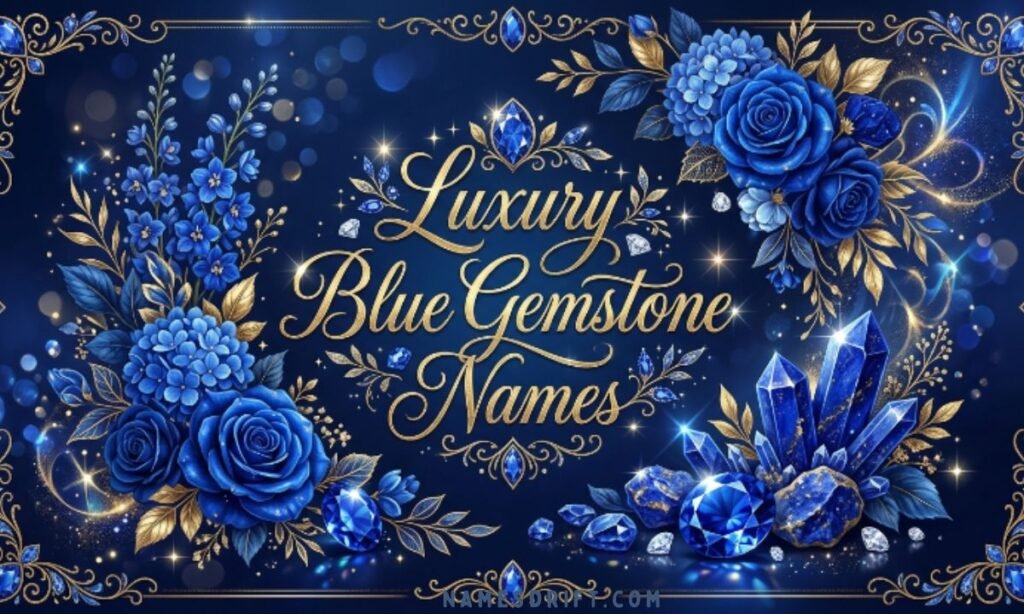 Luxury sapphire and gemstone illustration representing blue-themed names.
