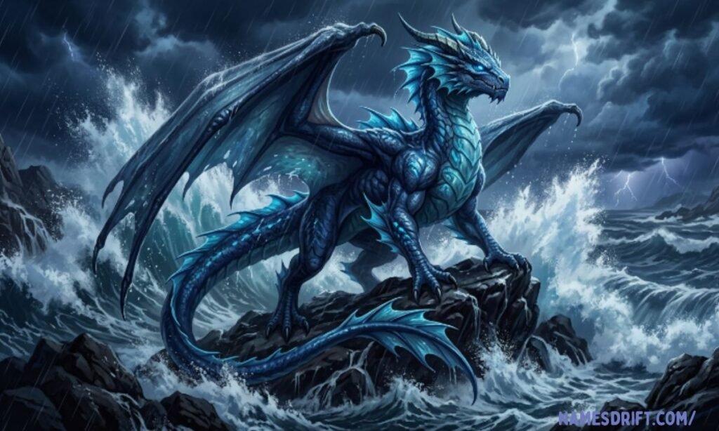 Strong water dragon standing on rocks during an ocean storm