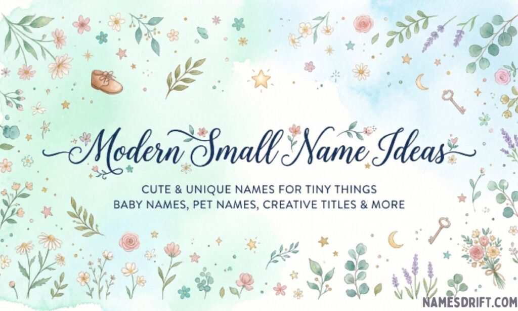 Modern names that mean small displayed in a clean pastel-themed banner.
