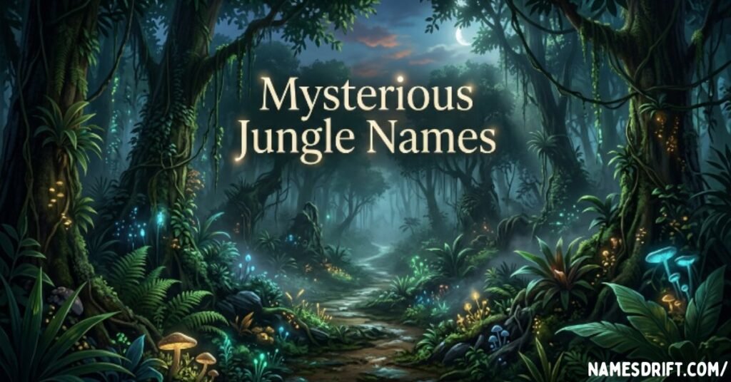 Mysterious Jungle Names image featuring a dark tropical rainforest with fog and moonlight