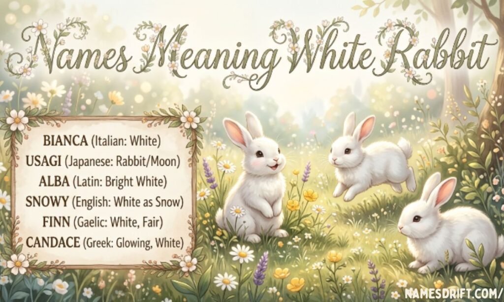 Pure white rabbit surrounded by white flowers symbolizing names meaning white rabbit
