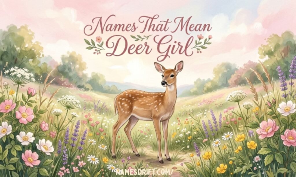 Female deer surrounded by flowers representing girl names that mean deer
