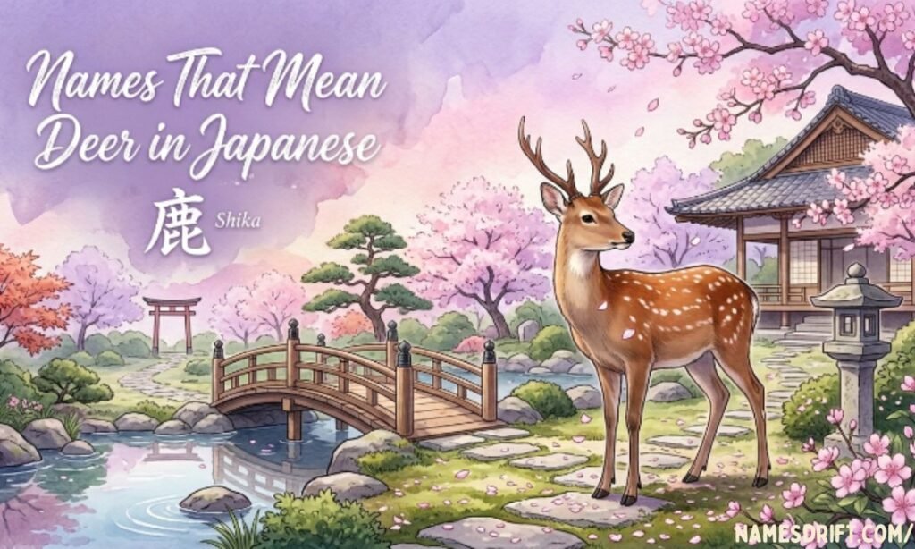Japanese deer near cherry blossoms representing Japanese deer names
