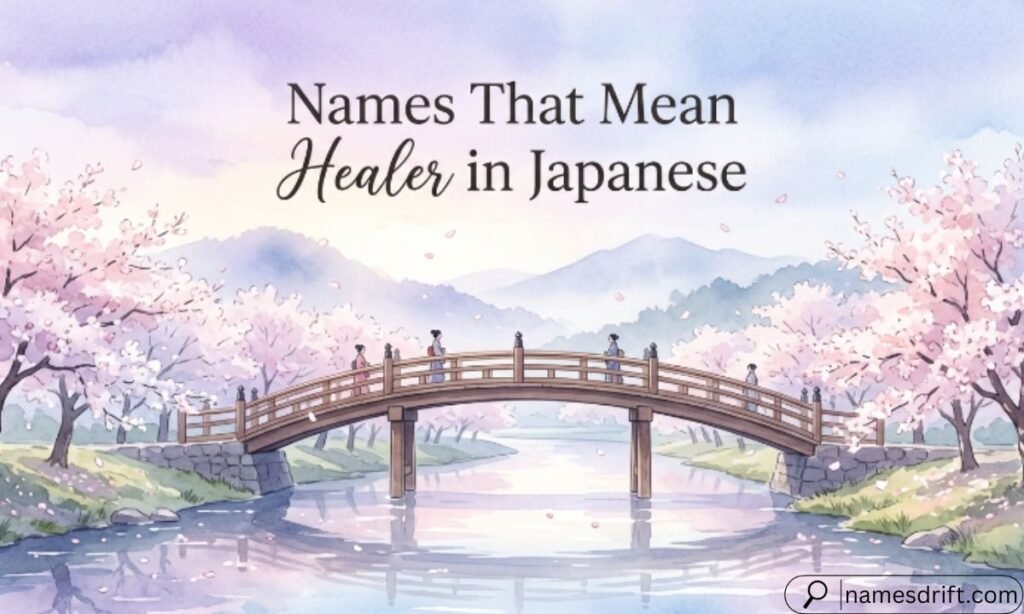  Japanese healer names with cherry blossom landscape illustration.
