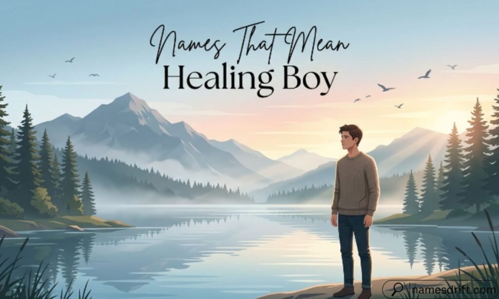  Healing boy names illustration with peaceful mountain landscape.
