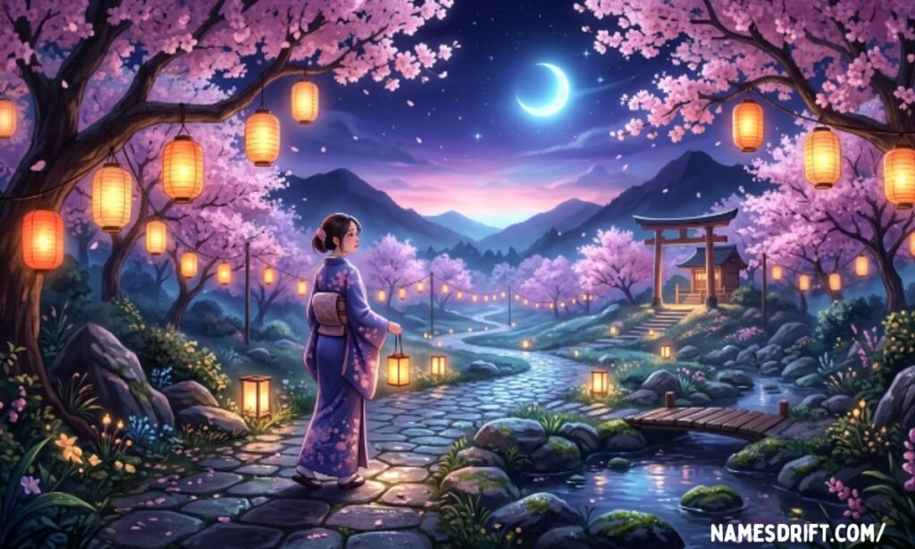 Names that mean lust in Japanese represented through lanterns cherry blossoms and moonlit scenery
