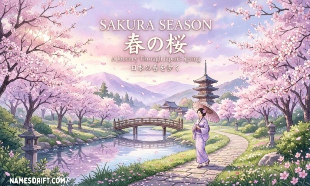 Japanese pink-inspired names with cherry blossom scenery.