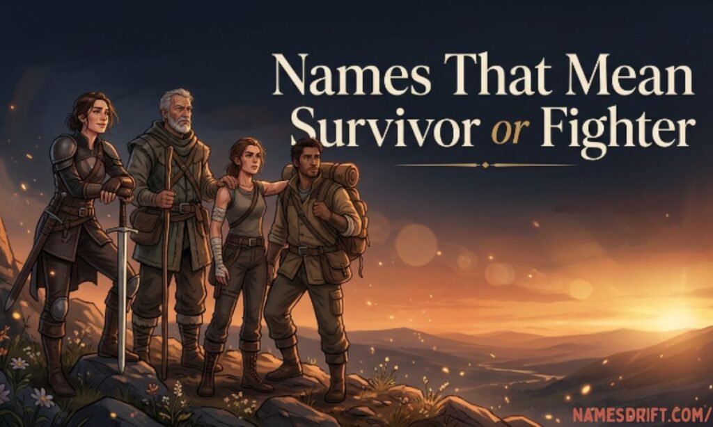 Names that mean survivor or fighter illustrated with courageous characters
