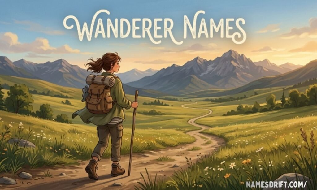 Wanderer inspired names illustration with traveler crossing a valley