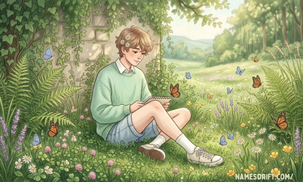  Nature themed femboy character among flowers and plants