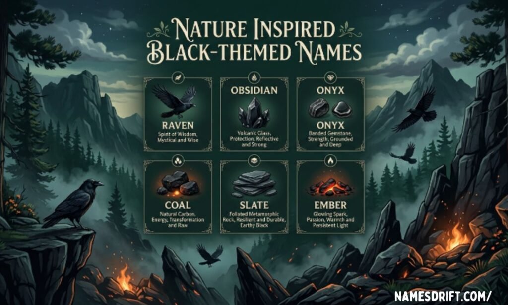 Nature inspired names associated with black including Raven Onyx Obsidian and Ember