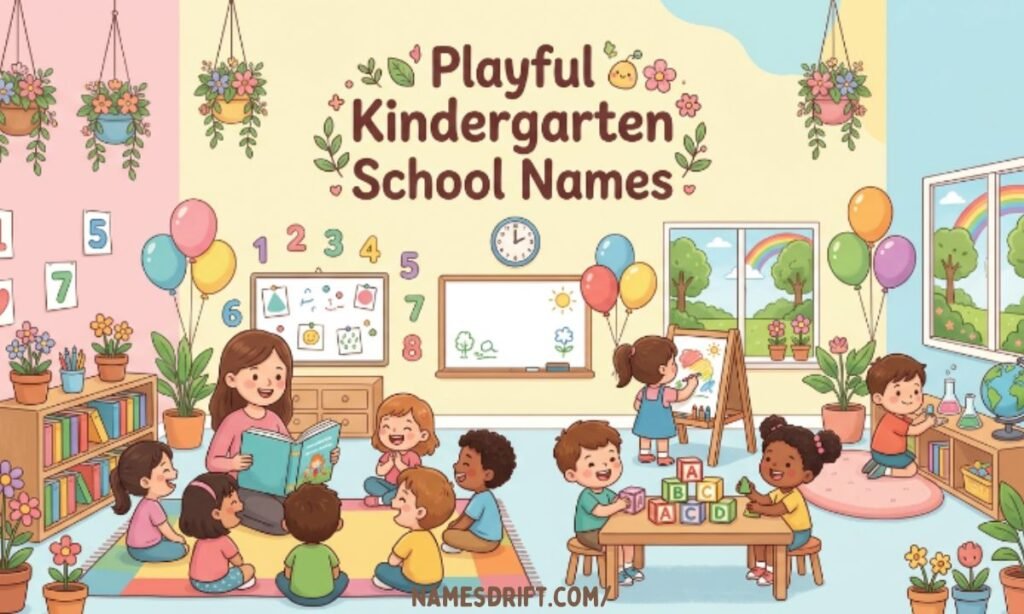 Playful kindergarten school names illustration with children and learning elements.
