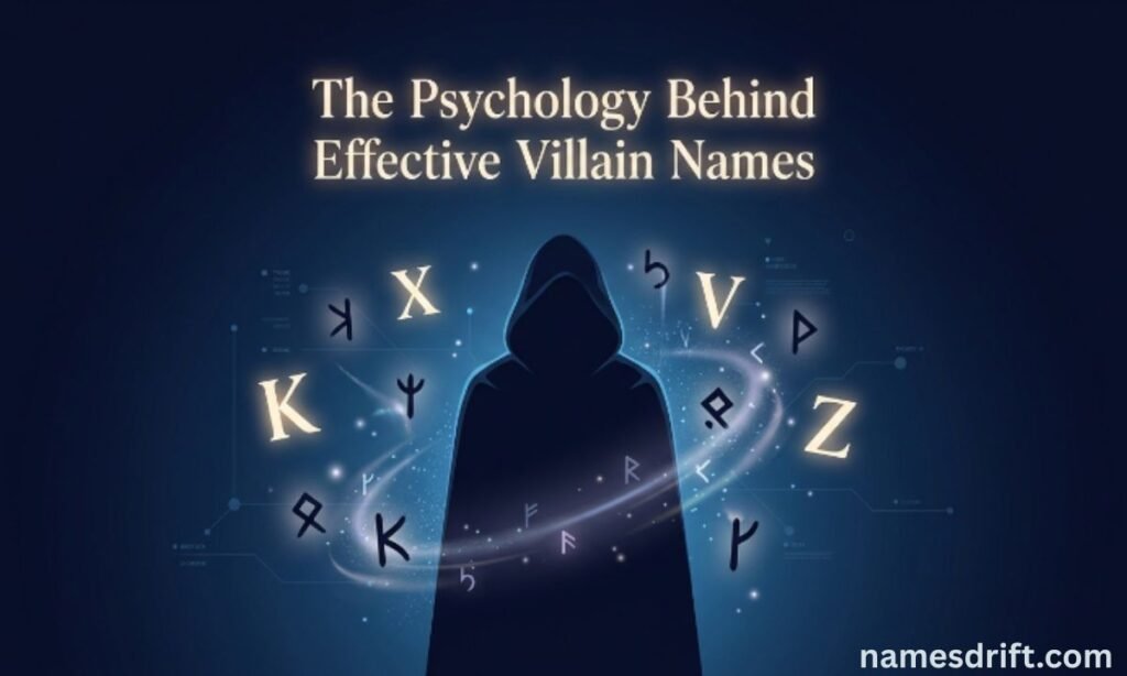 Dark villain silhouette with powerful letters and symbols representing villain name psychology