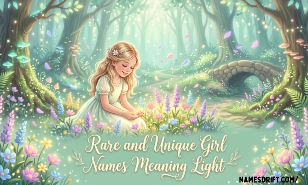 Rare and unique girl names meaning light with magical floral design
