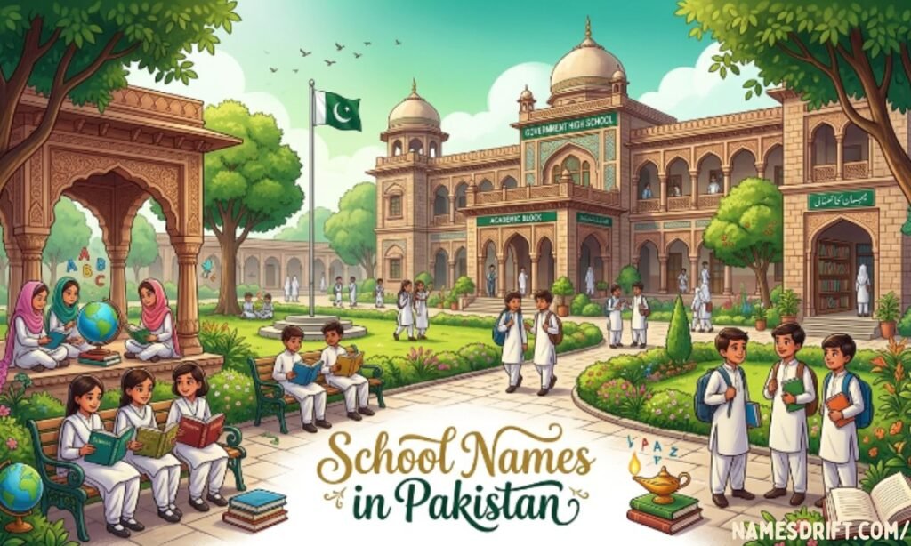 Pakistani school names illustration with educational and cultural elements.

