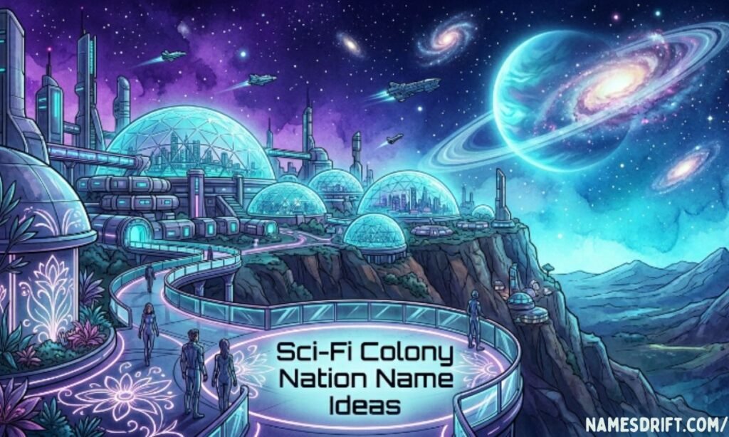 Futuristic space colony nation with sci-fi city structures.
