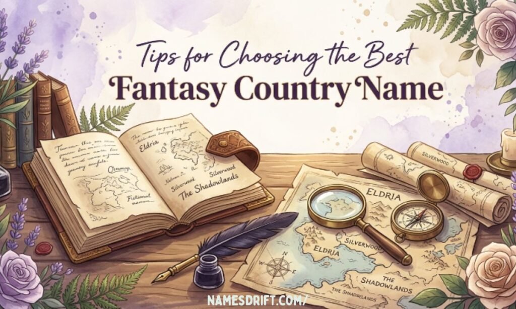 Fantasy writing desk with maps and naming inspiration tools.
