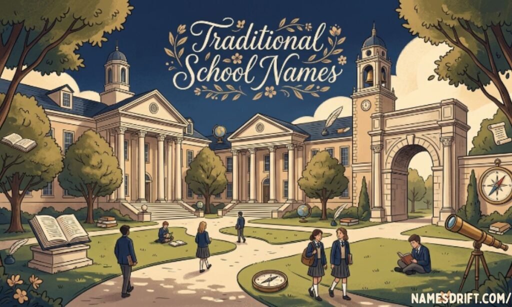 Traditional school names illustration with classic academy architecture.
