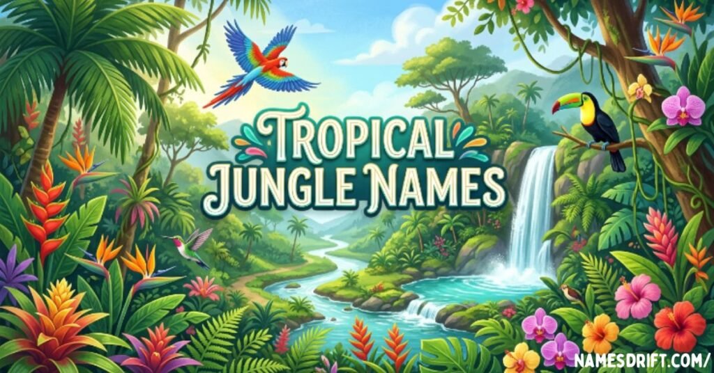 Tropical Jungle Names image with colorful rainforest scenery and exotic plants