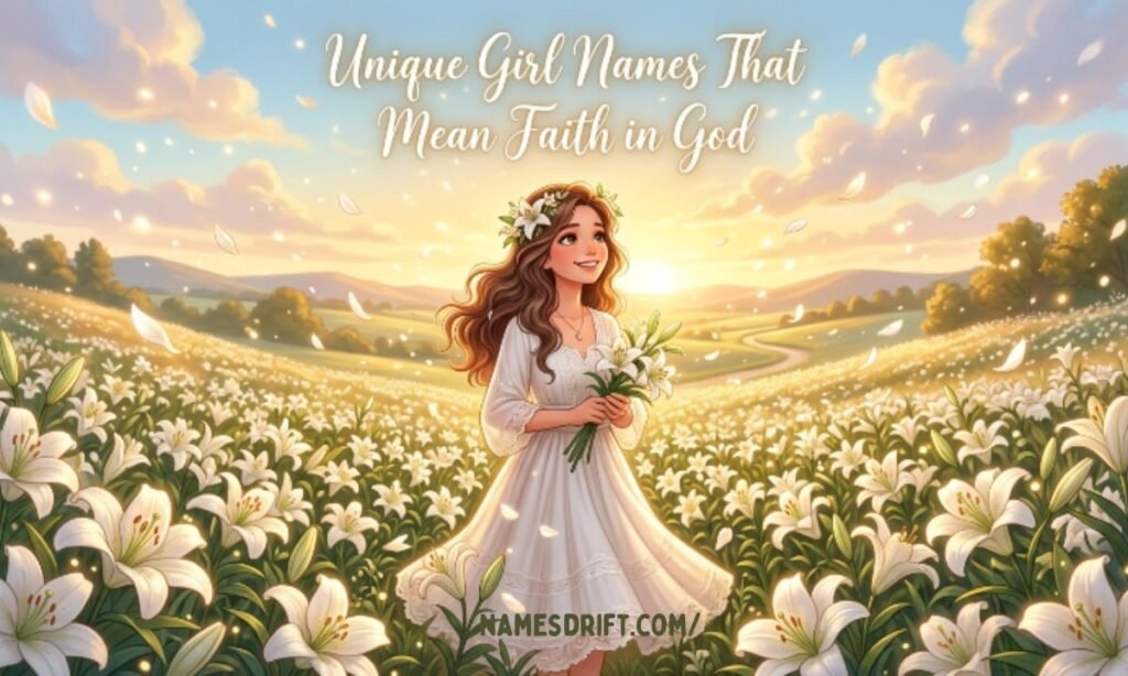  Unique girl names that mean faith in God with floral spiritual artwork

