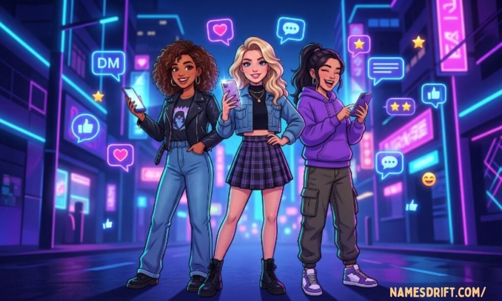 Three trendy friends with modern group chat theme
