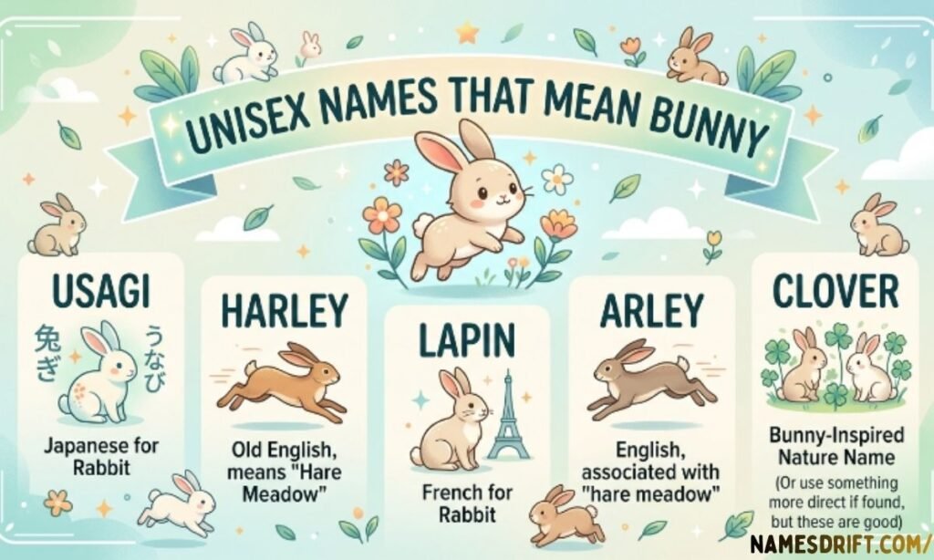 Two adorable rabbits in a flower meadow representing unisex bunny names
