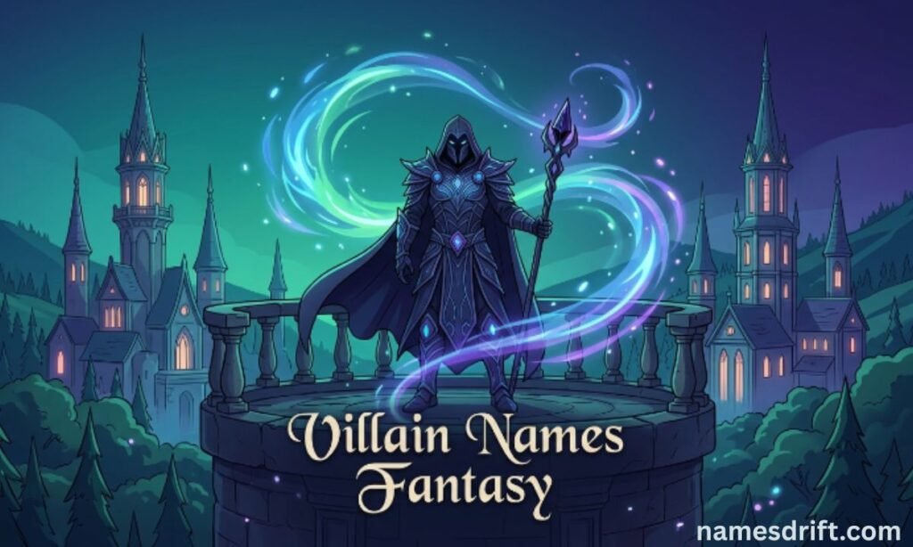  Dark fantasy villain standing in a magical kingdom landscape
