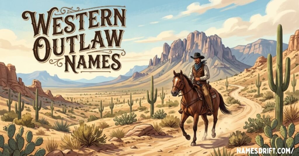 Western outlaw names cowboy riding through frontier landscape
