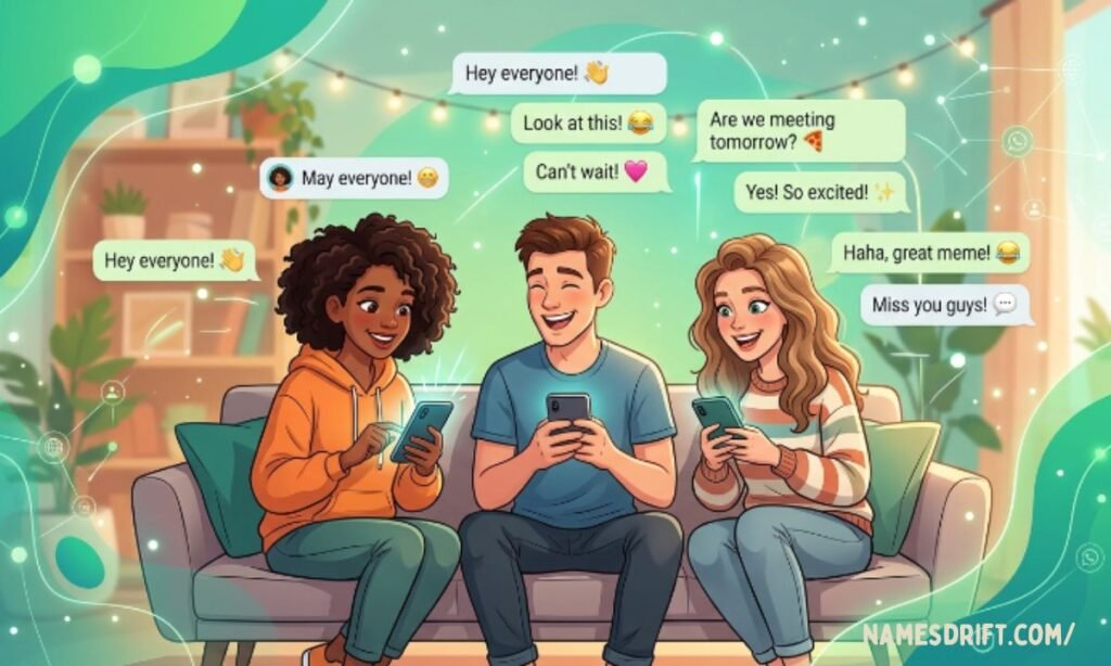 Three friends chatting on smartphones in a WhatsApp-style group